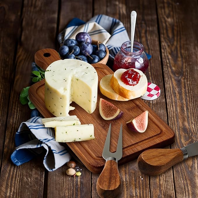 Ziliny 1 Set Bridal Baby Shower Cheese Prizes Wooden Square Board Gift Set Knives Forks Thank You Tags with Box for Guests for Valentines Bridal Baby Shower Housewarming (Carbonized Bamboo)