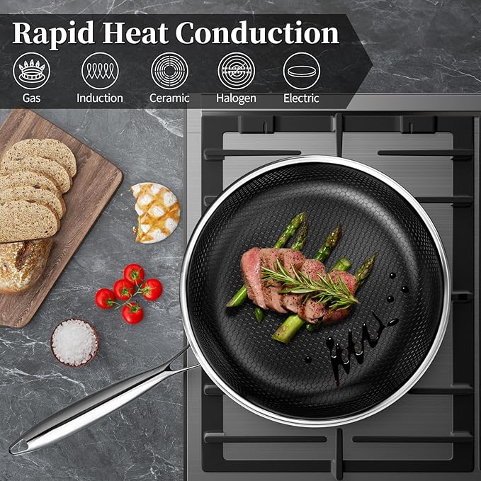 Innerwell 8 Inch Tri-Ply Stainless Steel Nonstick Frying Pan | Ceramic physical nonstick， PFAS/PFOA/PTFE free, Compatible with All Cooktops, durable for daily cooking