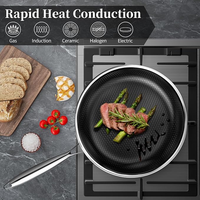 Innerwell Tri-Ply Stainless Steel Non stick Frying Pans Set | Ceramic physical nonstick， PFAS/PFOA/PTFE free, Compatible with All Cooktops, durable for daily cooking