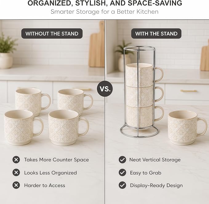 6 Oz Coffee Mugs with Stand, Stackable Coffee Cups Set of 4, Ceramic Espresso Cups, Embossed Cappuccino Cups for Latte, Cocoa, Mocha, Tea, Housewarming Wedding Present, Dishwasher Safe