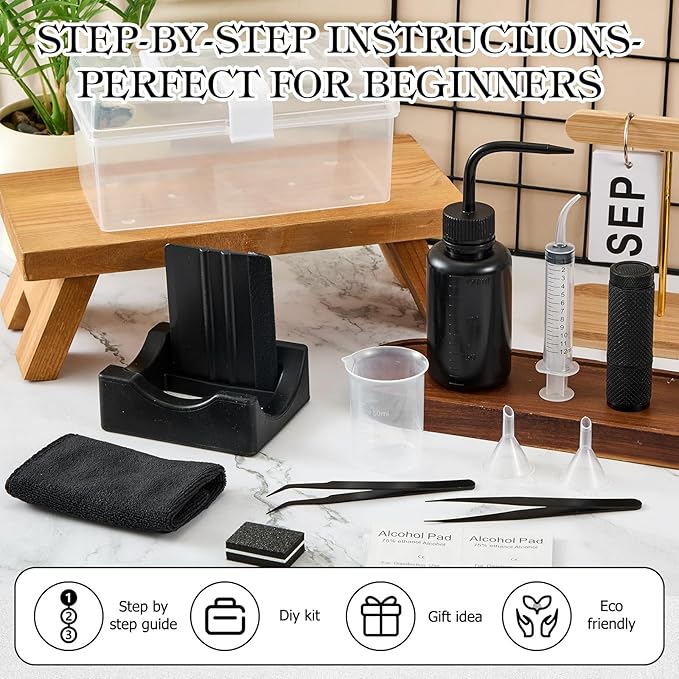 LemonRoad 15 Pcs Snow Globe DIY Tumbler Tool Kit Include Storage Box Squeeze Bottle Funnel Silicone Cup Cradle Measuring Cup Flashlight for Beginner Making Supplies Thanksgiving Day Gifts (Black)