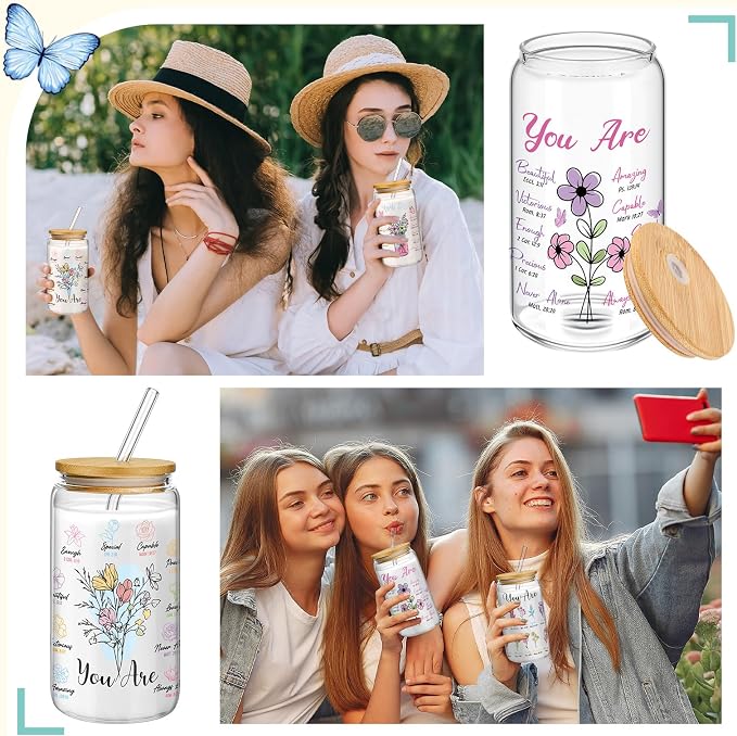 Mumufy 4 Pack Wildflower Glass Cups Gift Aesthetic Cute Glass Cup Tumbler Flower Iced Coffee Mugs 16 oz with Bamboo Lid & Straw, for Wedding Birthday Bridesmaid Mom Baby Shower