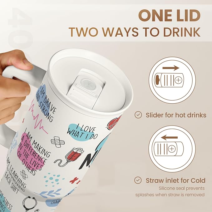 Nurse Tumbler with Handle 40oz, Coffee Travel Mug with Straw, Inspiration Gifts for Women Female Nurses, Nursing Gift for Birthday Christmas Nurse Week