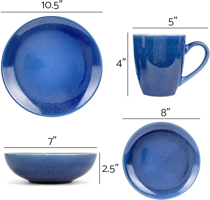 Elanze Designs Reactive Glaze Stone Ceramic Plates Bowls Mugs Classic Dinnerware 16 Piece Set - Service for 4, Blue
