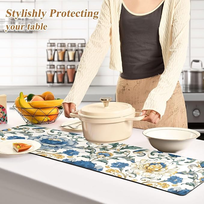 2 in 1 Table Runner Trivet for Hot Pots and Pans Heat Resistant Non Slip Waterproof 39 x 12 Inch Decorative Table Protector for Kitchen Countertop Royal Floral Blue and Yellow Tile