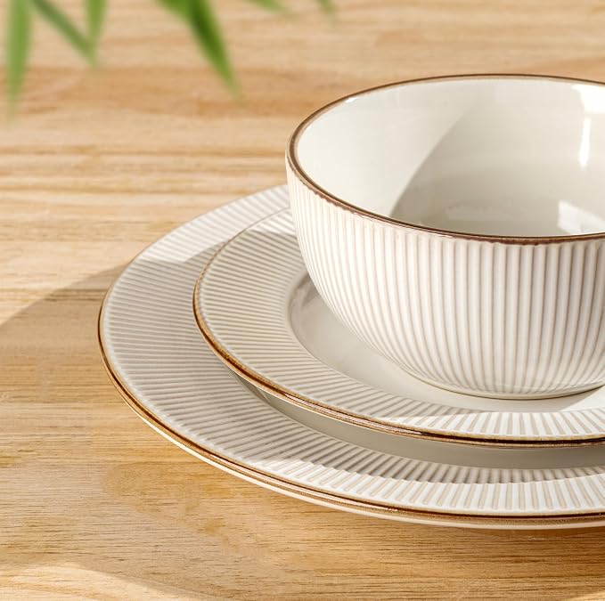 GBHOME Ceramic Dinnerware Sets,12 pcs Embossed Elegant Stoneware Plates and Bowls Sets, Housewarming Wedding Gift | Dishwasher & Microwave Safe | Dishes Set Service for 4