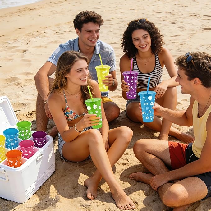 Kochorie 48 Pieces 24 oz Hawaiian Party Cups Luau Tumbler Cups with Straw and Lid 6 Design Reusable Plastic Travel Mug Cup for Hawaiia Party Favors, Luau Party, Tiki Party