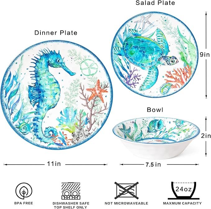 LEHAHA 12-Piece Melamine Beach Dinnerware Set, Coastal Plates and Bowls Sets, Oceanic Sea Life Dish Sets for 4, Great for Indoor Outdoor Dining on the Beach, RV, Camping or Cabin