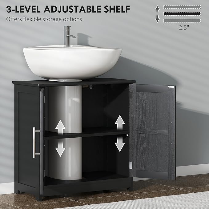 HOMCOM Pedestal Sink Storage Cabinet, Farmhouse Freestanding Bathroom Sink Cabinet with 2 Barn Doors and Adjustable Shelf, Distressed Black