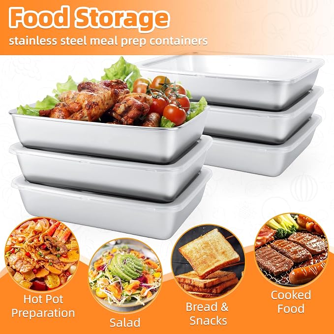 6 PCS Stainless Steel Food Storage Containers with Clear lids,2.16 Inch Deep, 8x10 Inch Stainless Steel Oven plate, Metal Roasting Pan,Freezer & Dishwasher Safe,For Meal Prep、Fruit、Meat Storage