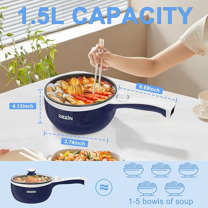 Dezin Hot Pot Electric Upgraded, Non-Stick Sauté Pan, Rapid Noodles Electric Pot, 1.5L Mini Portable Hot Pot for Steak, Egg, Fried Rice, Ramen, Oatmeal, Soup with Power Adjustment