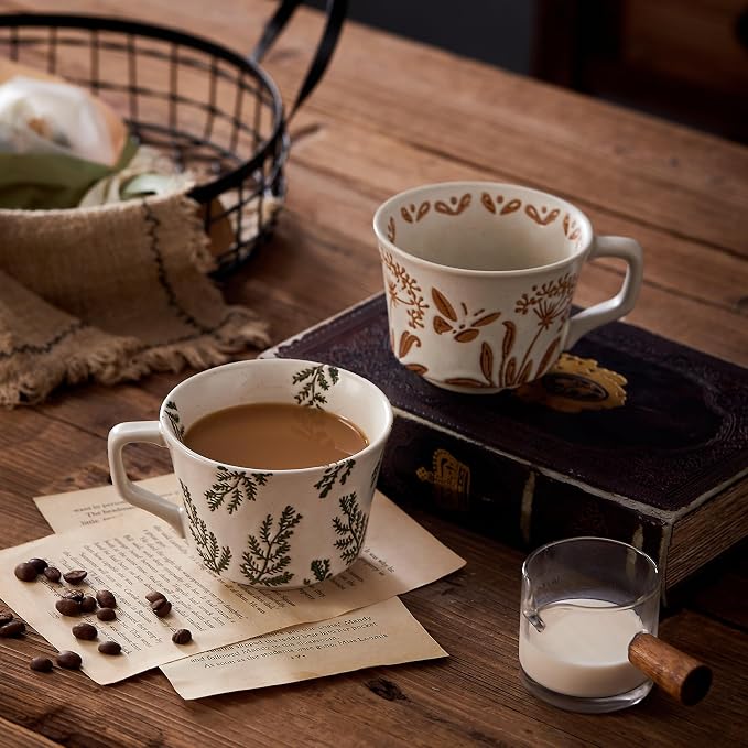 12 oz Vintage Ceramic Coffee Mug Set of 4 - Handmade Stoneware Pottery Countryside Farmhouse Fall Autumn Tea Mugs with Big Handle for Latte,Cocoa,Dishwasher & Microwave Safe Cups (Plants)