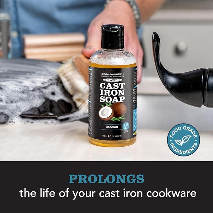 CLARK'S Cast Iron Cleaning Kit with Coconut Oil – Cast Iron Cleaner Set with Seasoning Oil, Soap, Scrub Brush, and Applicator Pad – Restore and Preserve Pan, Skillet, Grill, Dutch Oven, and Wok