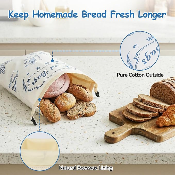 OTraki 2 Pack Beeswax Bread Bags for Sourdough Homemade Bread, Reusable Natural Cotton Beeswax Bag Portable Food Storage Cloth Bag to Keep Loaves Fresh Longer, 17×13 Inch & 14×8 Inch