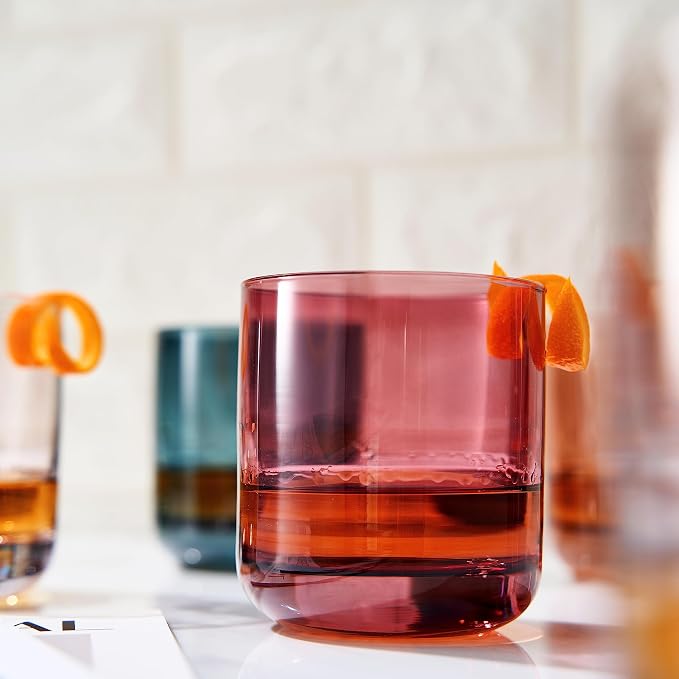 Khen Colored Old-Fashioned Drinking Glasses | Set of 6 | 9.6oz Art Deco Stemmed Glasses for Whiskey, Martini, Cocktail, Champagne, Wine | Muted Pastel Colors