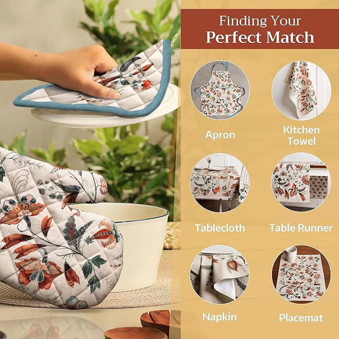 Maison d' Hermine 100% Cotton Oven Mitt & Pot Holder Set (7.5"x13" & 8"x8") Heat Resistant BBQ Cooking Gloves with Loop for Thanksgiving Christmas Decorations Handling Hot Pans (Dalida)