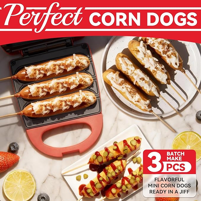 SugarWhisk Electric Corn Dog Maker, Fryer for 3 Mini Corn Dogs on Stick, Cheese Mozzarella Sticks & Treats, Corndog Maker Machine, Hot Dog Machine, Brush Included, Red