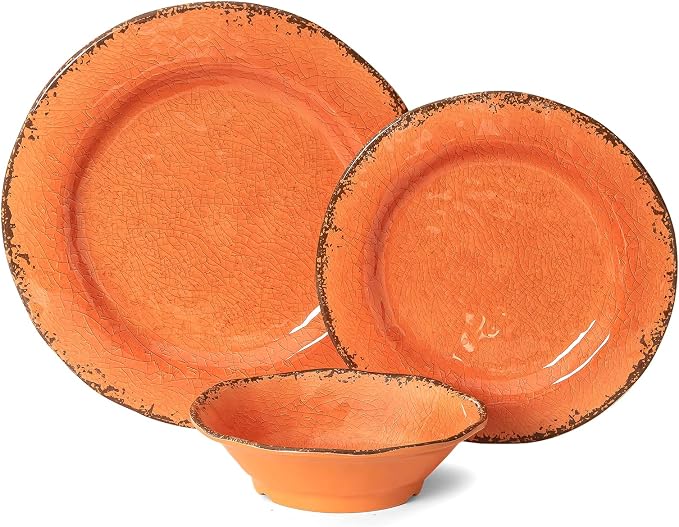 LEHAHA 12 Piece Crackle Lightweight Melamine Dinnerware Set-Service for 4, break-resistant and Durable Rustic Plates and Bowls Dishware Sets Perfect for Patio and Outdoor Activities
