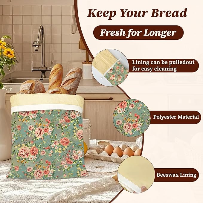 Bread Bags for Homemade Bread, Vintage Floral Rose Flower 2 Pack Linen and Beeswax Sourdough Storage Bags, Reusable Keeper, Keeps Breads Fresh Longer, Gifts for Bakers