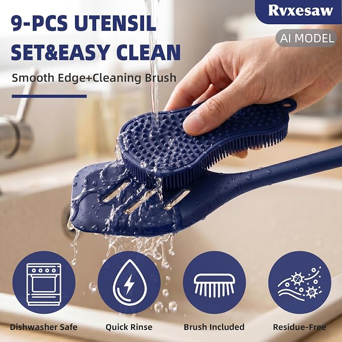 Kitchen Utensils Set,9 PCS Silicone Cooking Utensils Set Spatula Set,Tongs,Spoon,Whisk,Brush,Dishwasher Safe Kitchen Gadgets for Non-Stick Cookware,Home Essential，Kitchen Appliances(Navy Blue)