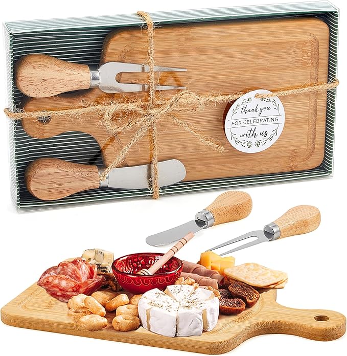 Ziliny 1 Set Bridal Baby Shower Cheese Prizes Wooden Square Board Gift Set Knives Forks Thank You Tags with Box for Guests for Valentines Bridal Baby Shower Housewarming Gifts (Bamboo Color)