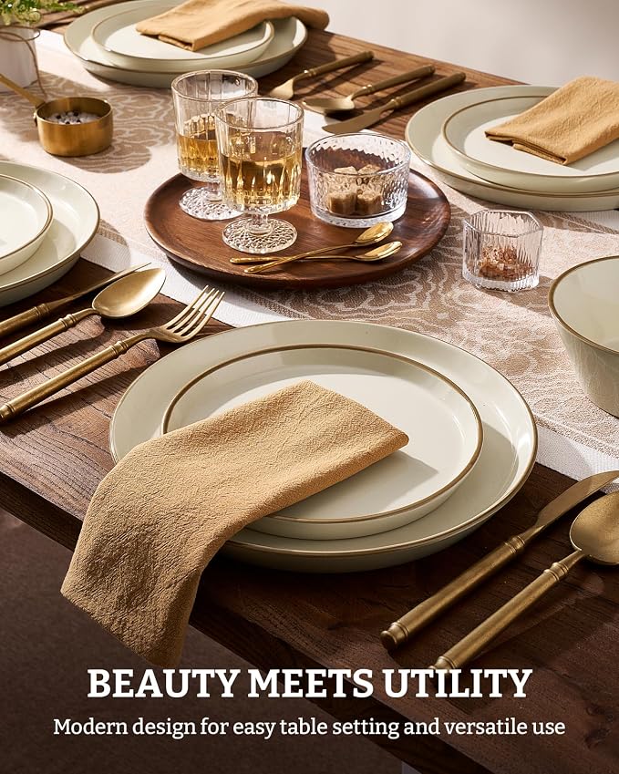 Famiware Saturn Plates and Bowls Dish Sets for 6 (18 Pieces), Stoneware Dinnerware Set with Hand-Painted Trim - Chip & Scratch Resistant, Microwave & Dishwasher Safe Ceramic Dishes, Vanilla White