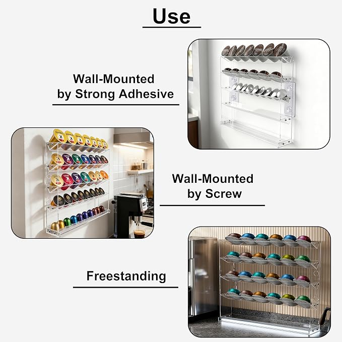 5 Tier Coffee Pod Holder for Nespresso Vertuo, Wall Mount K Cup Holder for Small Space, Clear Acrylic Coffee Pod Organizer Compatible with Most Standard Pods (30-50 Pod Storage)