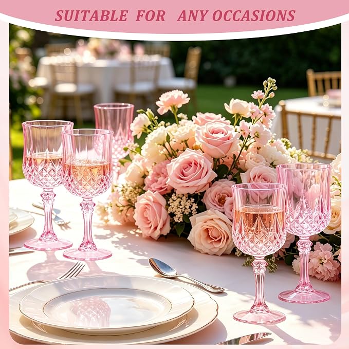 7OZ Plastic Wine Glasses, Reusable Vintage Goblets Unbreakable Drinking Glasses Crystal Water Cups Champagne for Wedding, Parties (24, Pink)
