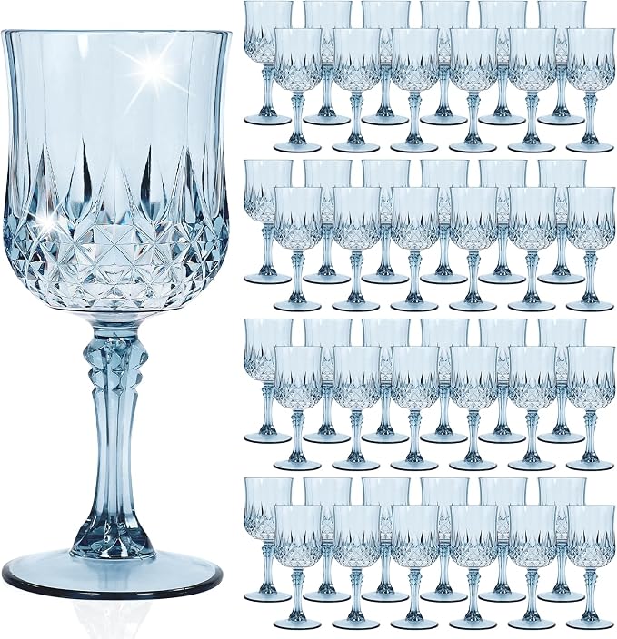 48 Pack Dusty Blue Plastic Wine Glasses, Vintage Plastic Goblets for Parties, Drinking Glasses Unbreakable Glassware Crystal Water Goblets Reusable Drinkware for Wedding Reception Grand Event Party