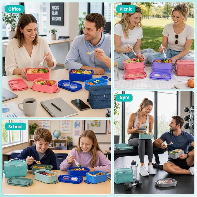 DaCool Adults Lunchbox Bento Box with Lunch Bag- 74 OZ All-in-One Stackable Lunch Box for Adults Kids Leakproof Bento Large Lunch Box Containers with Fork Spoon Sauce Box for Work School (Green)