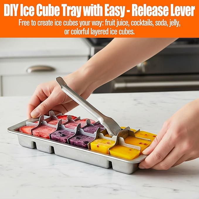 2 Set Stainless Steel Ice Cube Tray for Freezer – Square Icecube Foods 18 Slot Molds Easy Release Metal Handle with Removable Slots, Lever Reusable with 6 Clips, Dishwasher Safe for Kitchen & Bar