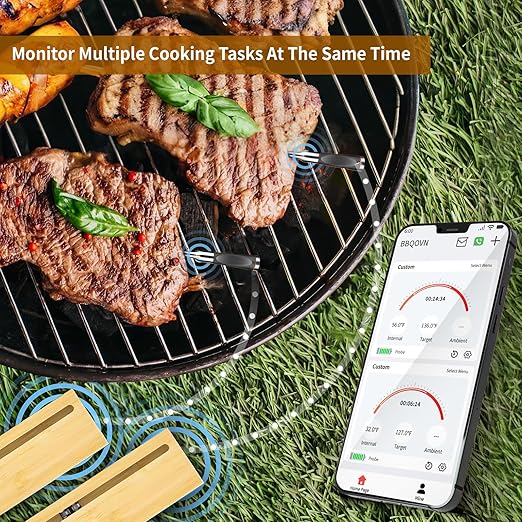 BBQOVN Smart Wireless Meat Thermometer Zero Wire with APP Remote Bluetooth Meat Thermometer, Food Thermometer for Remote Monitoring of BBQ Grill, Oven,Smoker,Pan (1, Black, Small)