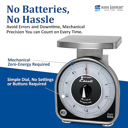 San Jamar Ms Series Mechanical Dial Scale Manual Food Scale with 5 Pound Capacity for Kitchens, Restaurants, And Cooking, Metal, 80 Ounces, Silver