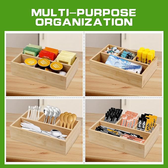 2 Pack Bamboo Tea Bag Organizers, Wood Tea Bag Storage for Drawers, Coffee Drawer Organizer for Coffee Station, Sugar Packet,Small Packet,Each Outer Dimension:10 x 6.5 x 2.2inch