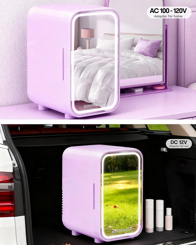 Enventor Mini Skincare Fridge Small Refrigerator for Bedroom, Beauty Fridge for Makeup with Dimmable LED Mirror, 6 L / 8 Cans Compact Portable Cooler for College Dorm, Office, Car, Purple