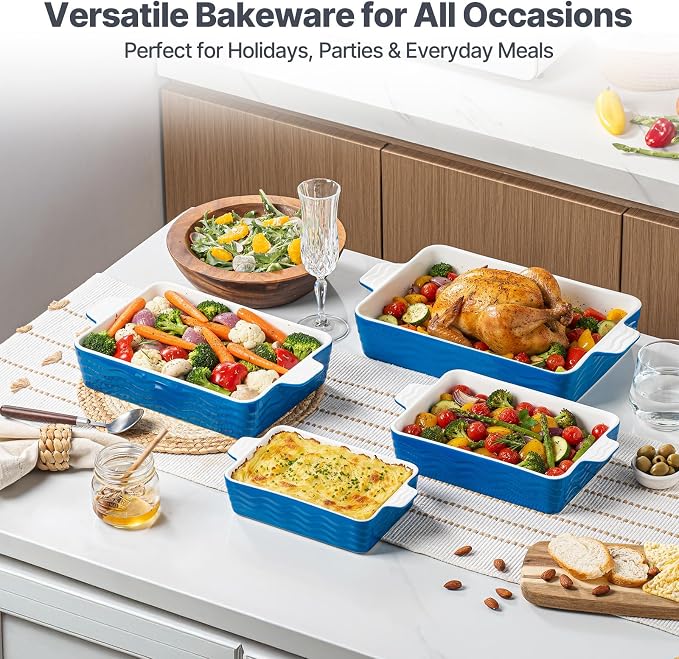 Estmoon Ceramic Baking Pan with Handles, Porcelain Baking Pans Set of 4, Oven Safe and Durable Baking Dishes Rectangular Baking Sheets for Wedding Gifts, Cooking, Blue(7.5''/9"/10.6"/12")