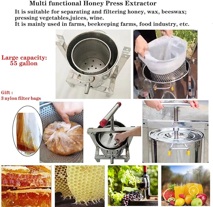 Honey Press Extractor Wax Machine Stainless Steel Honey Press Beeswax Machine Manual Large Bee Honey Presser Fruit Wine Press For Honey Wine Juice Vegetables Olive Oil Making