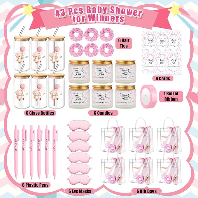 Reallnaive 43 Pcs Baby Shower Prizes for Player Winner Wedding Bridal Shower Favor Gifts Including Glass Cups Aromatherapy Candle Eye Mask Hair Band Greeting Card Pen Ribbon Gift Bag(Bear Style,Pink)