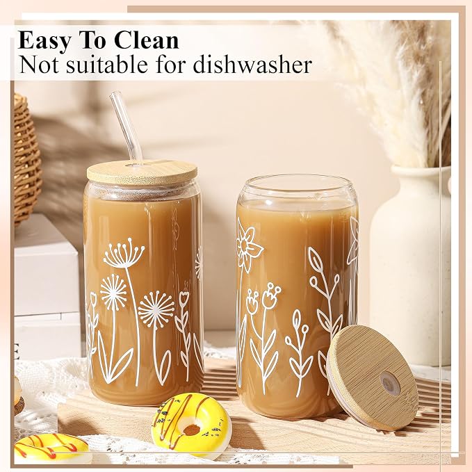 Mumufy 2 Pack Glass Cups Gift Aesthetic Cute Glass Cup Tumbler Flower Iced Coffee Mugs 16 oz with Bamboo Lid & Straw, for Wedding Birthday Bridesmaid Mom Baby Shower