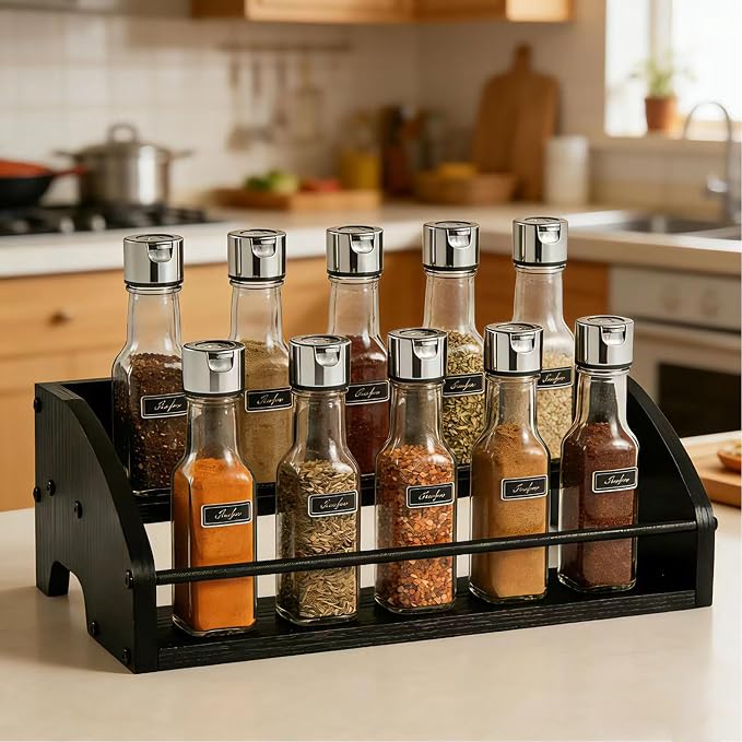 Mini Coffee Syrup Rack, 2-Tier | Syrup Bottles Holder, Liquor Bottle Display Shelf, Rustic Wooden Countertop Organizer, For Coffee Bar, Spirits, Tea