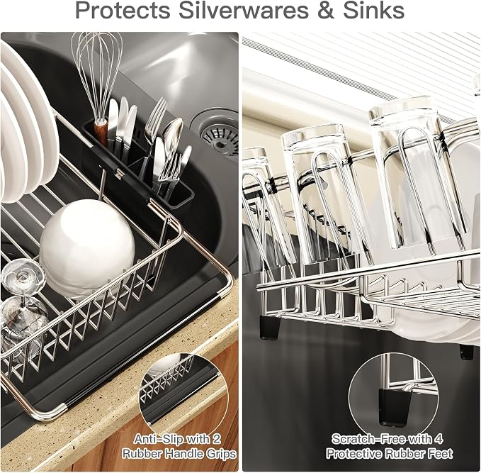 MAJALiS Dish Drying Rack Over The Sink with Utensil Holder, Mat | Expandable Stainless Steel Dish Drainer for Small Kitchen, Apartment, RV, Counter Space Saving, Perfect Fit, Rustproof