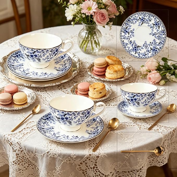 Vintage Floral Porcelain Tea Cup and Saucer Set with Gold Trim, Classic Blue Pattern, 6 oz Capacity