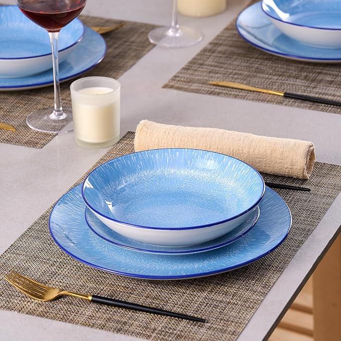 Bestone 12-Piece Round Porcelain Dinnerware Set, Service for 4, Chip Resistant Plates and Bowls,Blue, Dishwasher & Microwave Safe for Home Daily Use