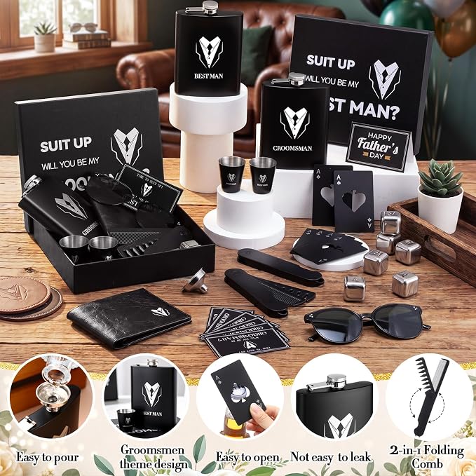 Mimorou 66 Pcs Groomsmen Proposal Gifts - Shot Glasses, Stainless Steel Ice, Flask, Funnel, Gift Boxes, Sunglasses, Knives, Bottle Opener, Cards, Wallets for Wedding Groomsmen Present Set (Fashion)