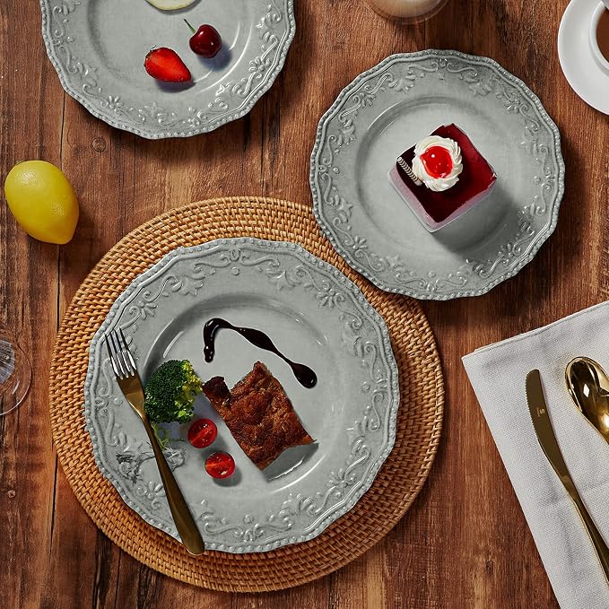 TP 12-Piece Melamine Dinnerware Sets, Plates and Bowls Dishes Set for 4, Break-Resistant & Non-Microwavable, Lightweight Dinner Plates, Relief Grey