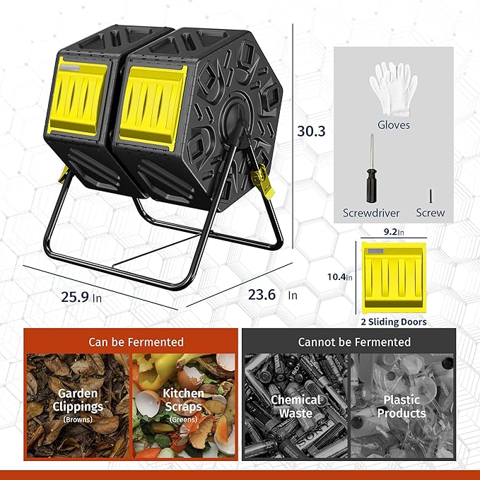 Compost Bin Outdoor, 2 Separate Tumbling Chambers, 37Gal Lagre Compost Tumbler with Sliding Door and Aeration System, 360° Rotating, Tumbling Composter Bin for Kitchen, Garden, Yard, Black Yellow