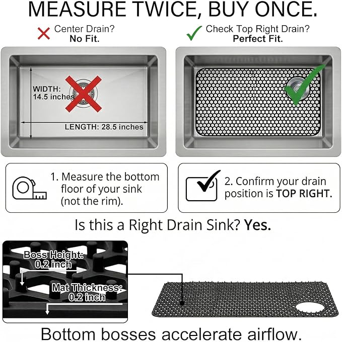 Silicone Sink Protectors for Kitchen - Non-Slip Heat Resistant Grid Mat for Farmhouse Porcelain Stainless Steel, Protects & Cushions Your Sink(Black 1PCS, 28.5"x14.5" Right-Side Drain)