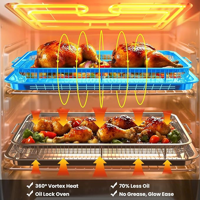 XL Air Fryer Basket & Pans for Oven | Fits 6 lb whole chicken, 18.7"x12.8" 6mm thick steel rack & tray, 30 papers, dishwasher safe ≤150°F, heavy-duty air fry
