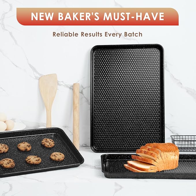 Baking Sheet Pan Set of 3, Nonstick Carbon Steel Cookie Sheets with Texture | Commercial Half/Quarter/Jelly Roll Pans Replacement Toaster Oven Tray, Heavy Duty & Easy Clean
