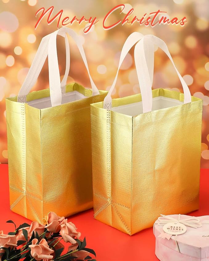 Eccliy Reusable Gift Bags Set Glossy Grocery Gift Tote Bag with Handle for Wedding, Bridal Shower, 4th of July, Summer Event(10 x 8 x 4.7 Inch,Gold,80 Pcs)